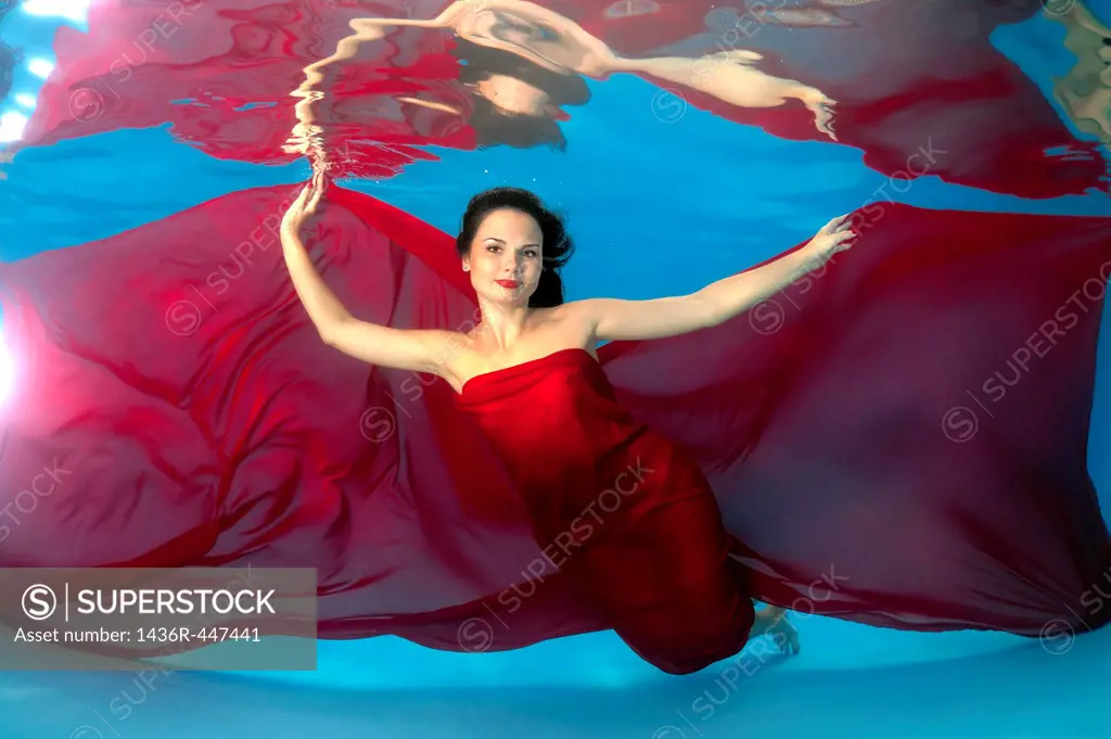 Woman presenting underwater fashion in a pool
