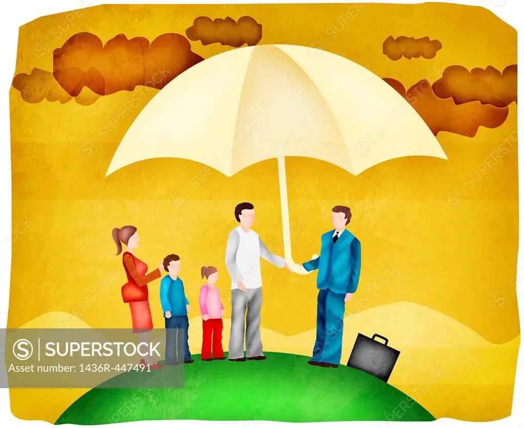 Family sheltering under an insurance cover umbrella