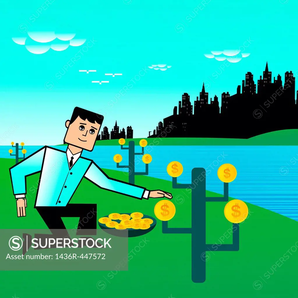Businessman harvesting money at the riverside