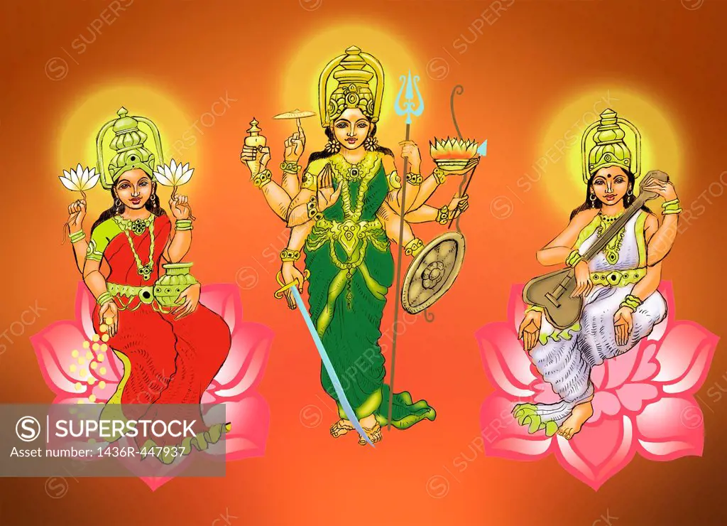 Goddess Durga with goddess Lakshmi and goddess Saraswati