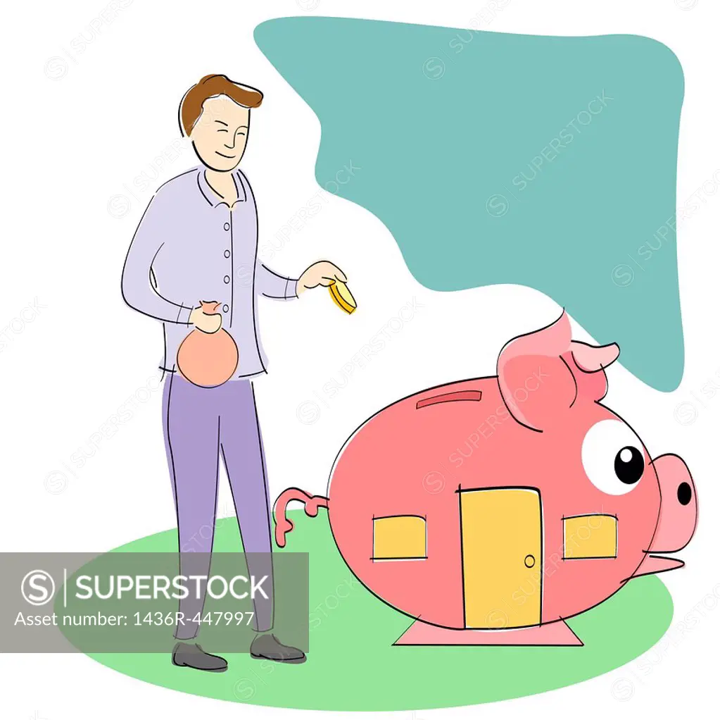 Businessman putting money into a piggy bank house