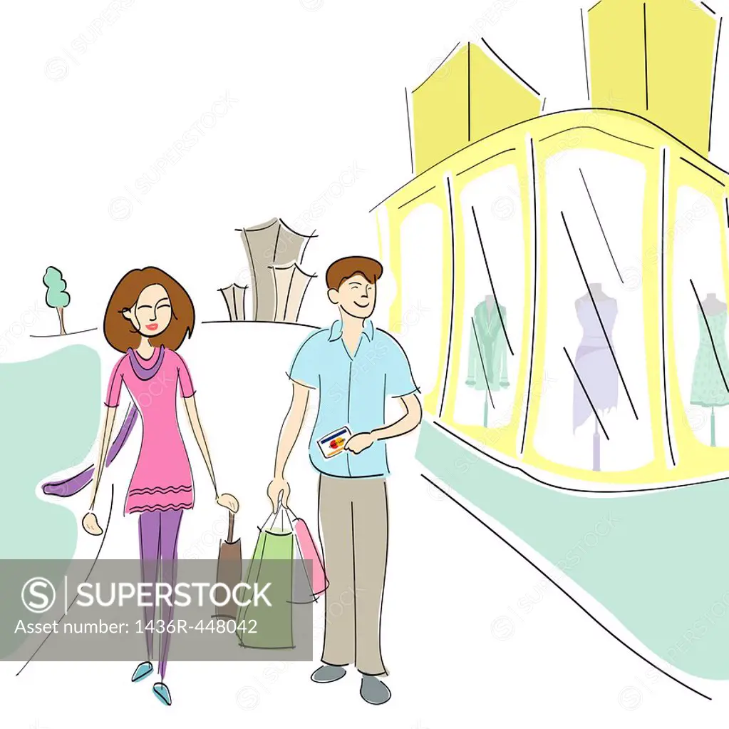 Couple walking on the road with shopping bags