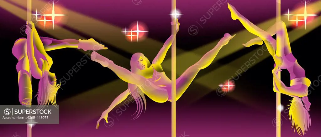 Three women pole dancing in a nightclub