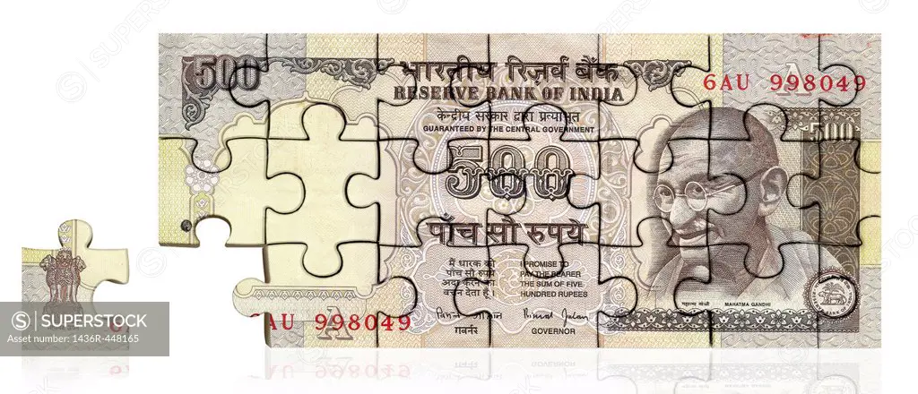 Five hundred Indian rupee note made of jigsaw piece