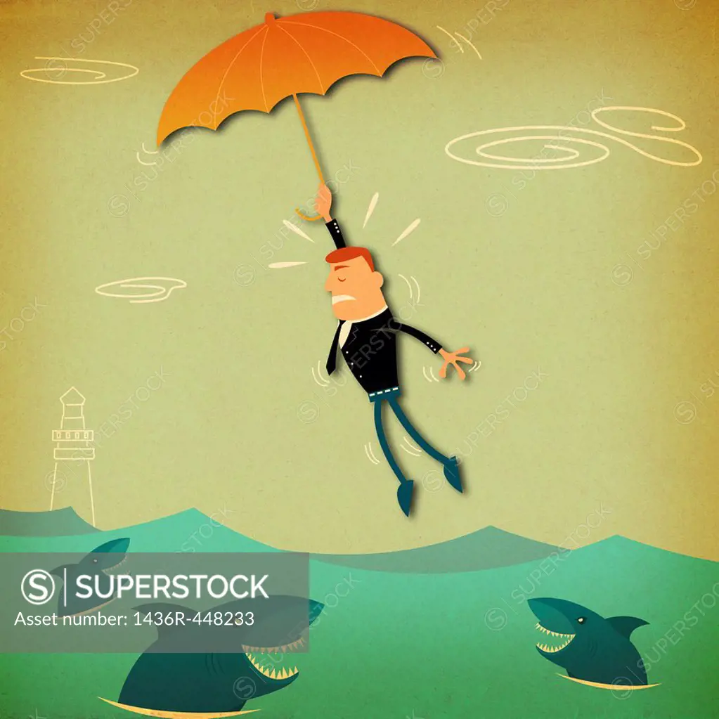 Businessman flying with an umbrella over the sea