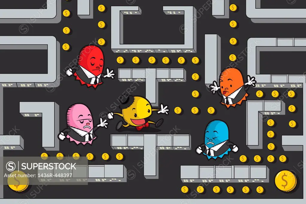 Businessmen in Pac-Man game maze
