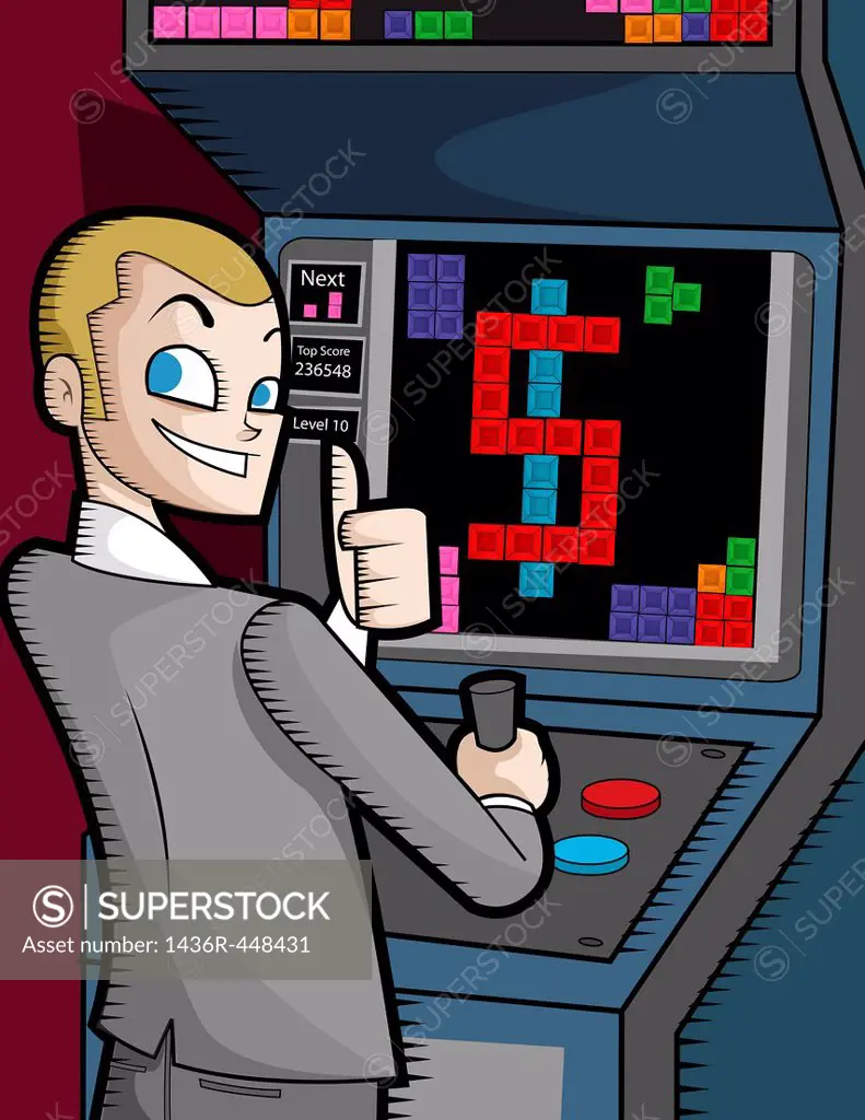 Businessman showing thumbs up at video arcade