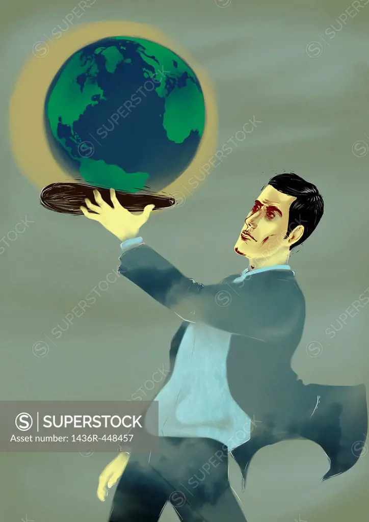 Businessman holding a globe on a platter