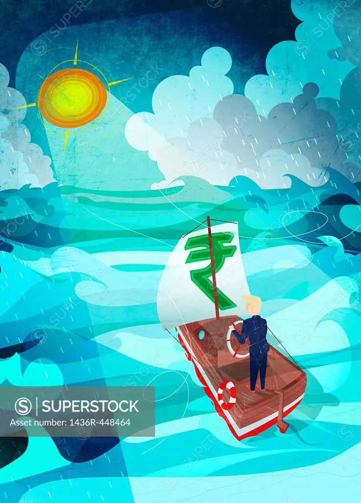 Businessman steering boat in the sea with rupee symbol sail