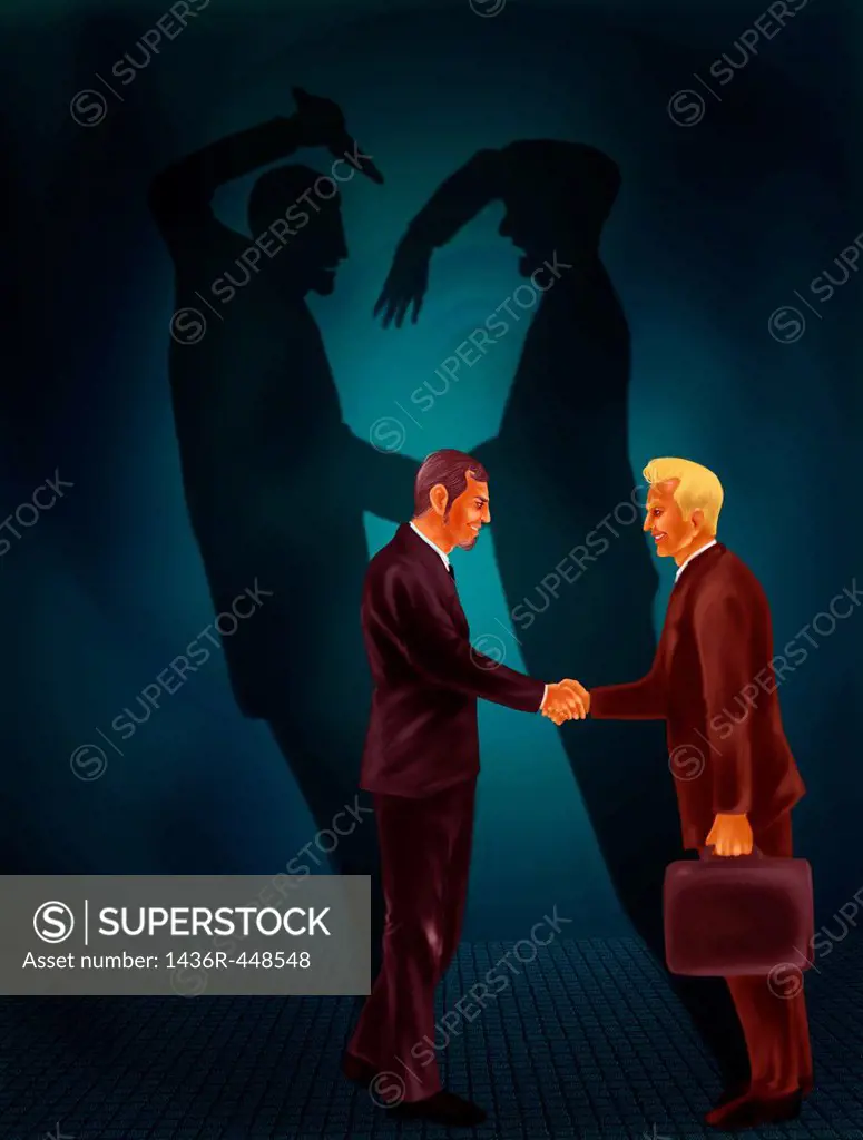 Two businessmen shaking hands with behind black shadows showing crime