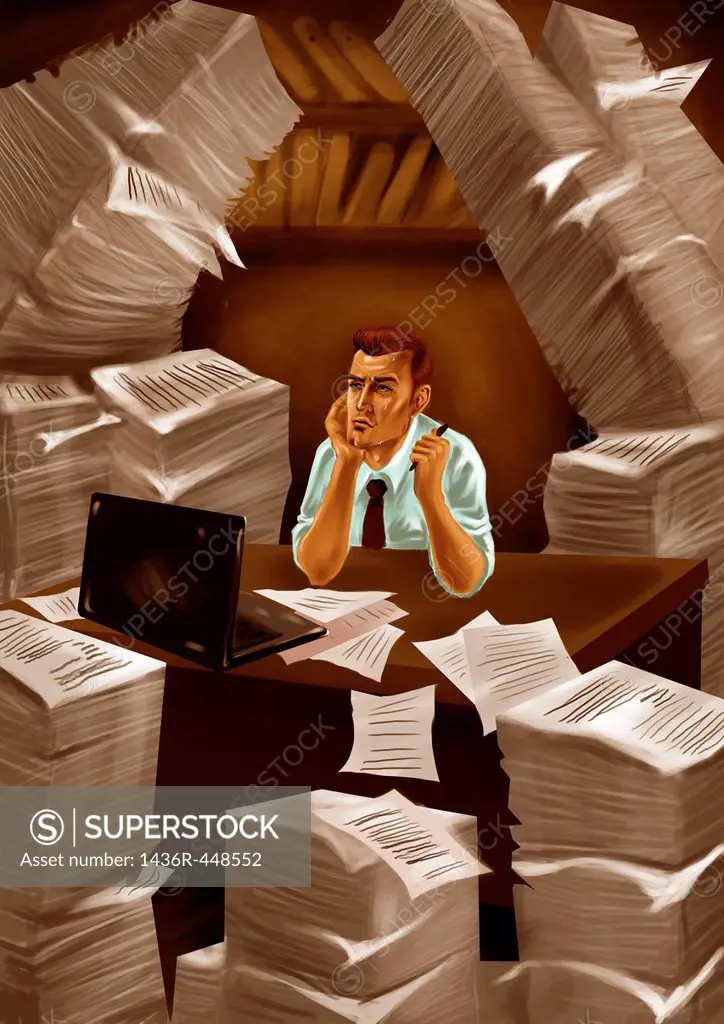 Businessman with heap of papers around him in an office