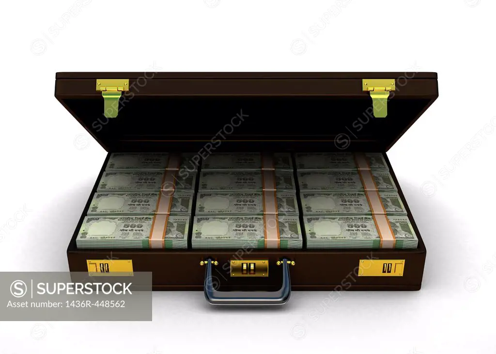Indian currency notes in a briefcase