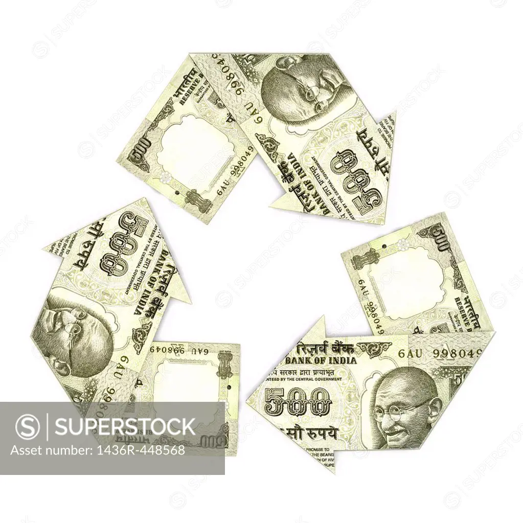 Indian five hundred rupee notes in form of recycling symbol