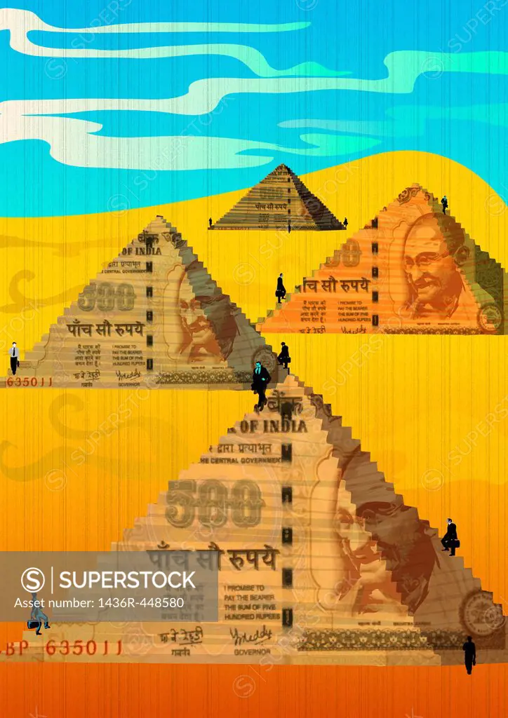 Businessmen climbing on steps of money pyramid