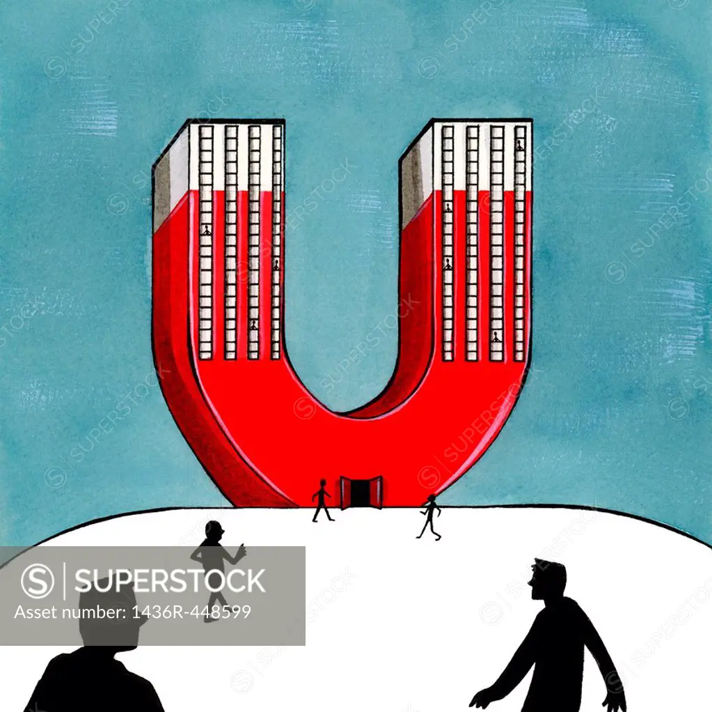 Illustration of business people attracted to a business building in shape of magnet