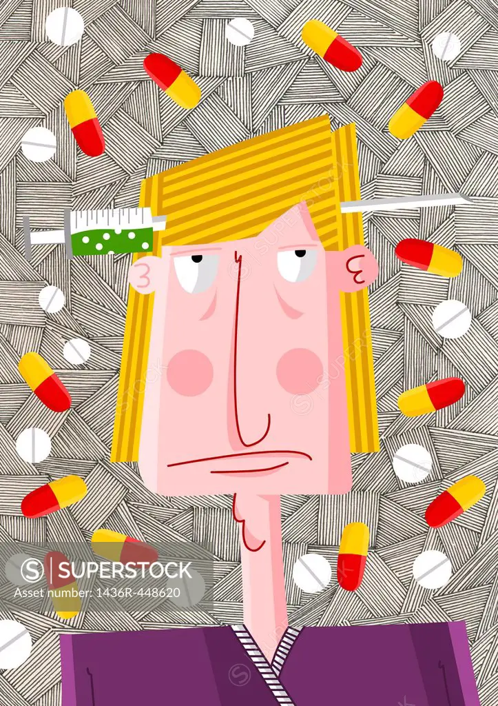 Front view of drug addict man surrounded with tablets and capsules