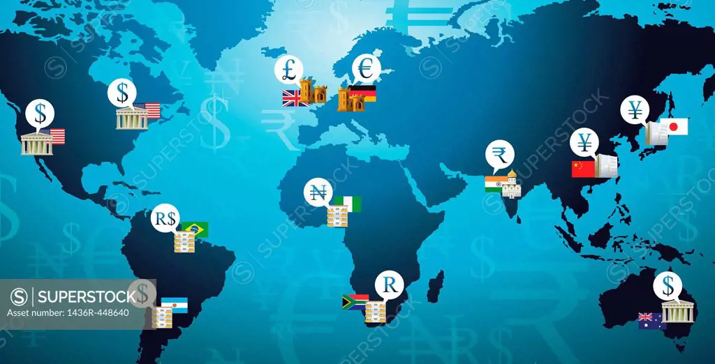 Illustration shot of currency symbols representing countries in a world map