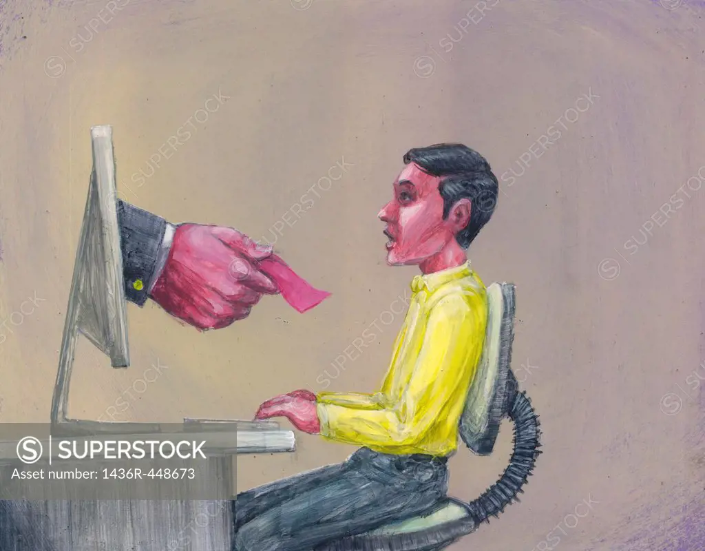 Illustration of man being given pink slip by business person