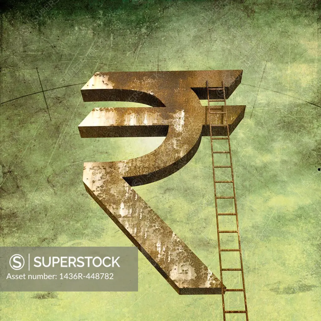 Corporate ladder of success on Indian currency symbol over green background
