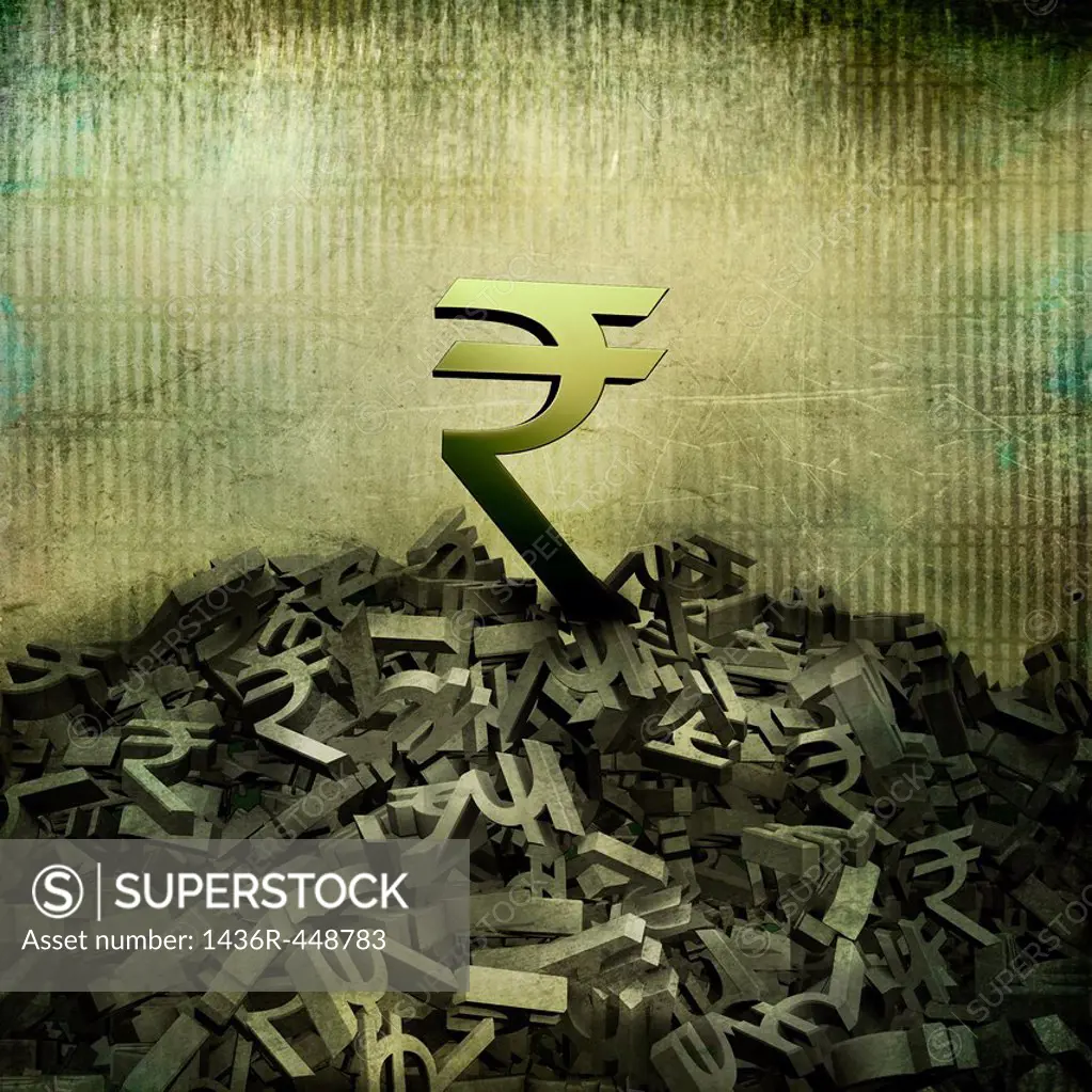 Big Rupee sign on top of small currency symbols