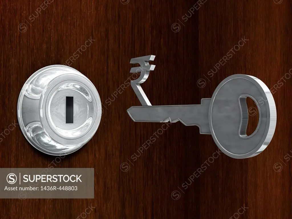 Key with Rupee symbol in front of metal keyhole