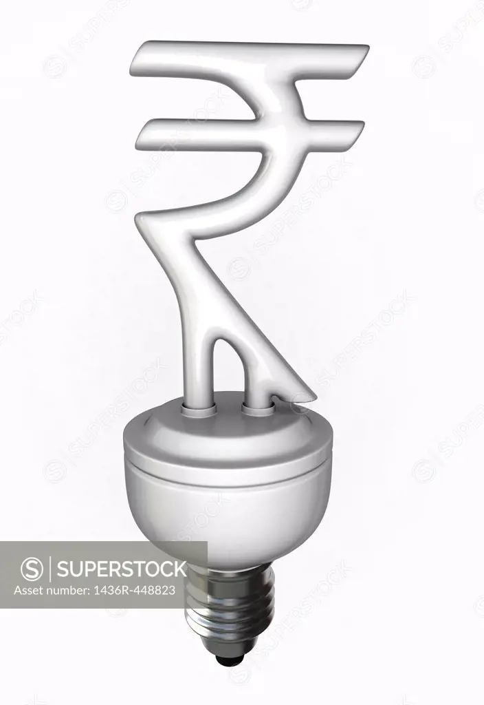 Compact fluorescent light bulb shaped like Rupee sign on white background