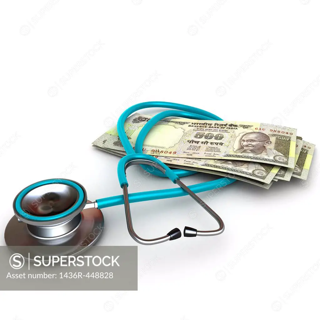 Image of stethoscope with Indian Rupee note