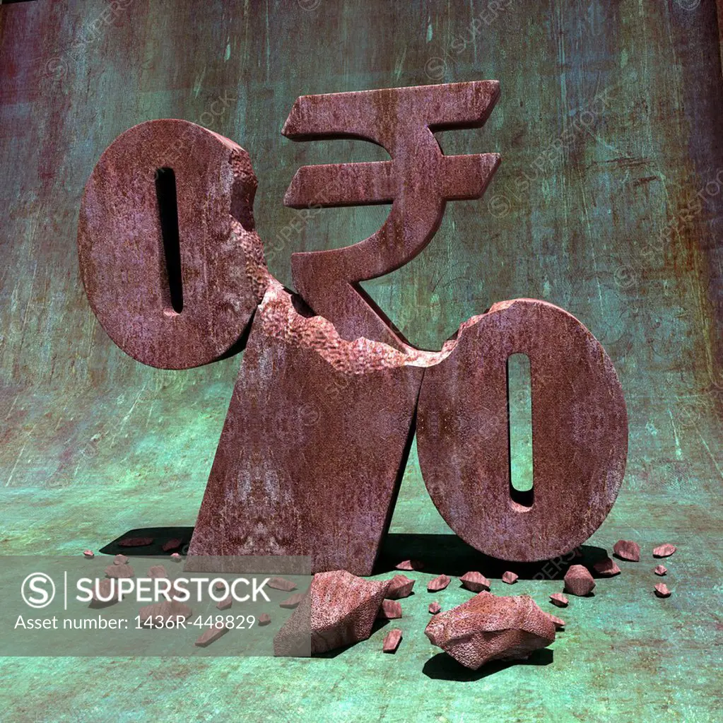 Indian Rupee symbol with scattered stone pieces