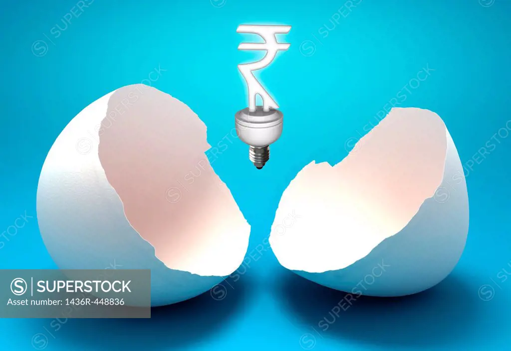 Rupee sign shaped light bulb representing concept of power saving