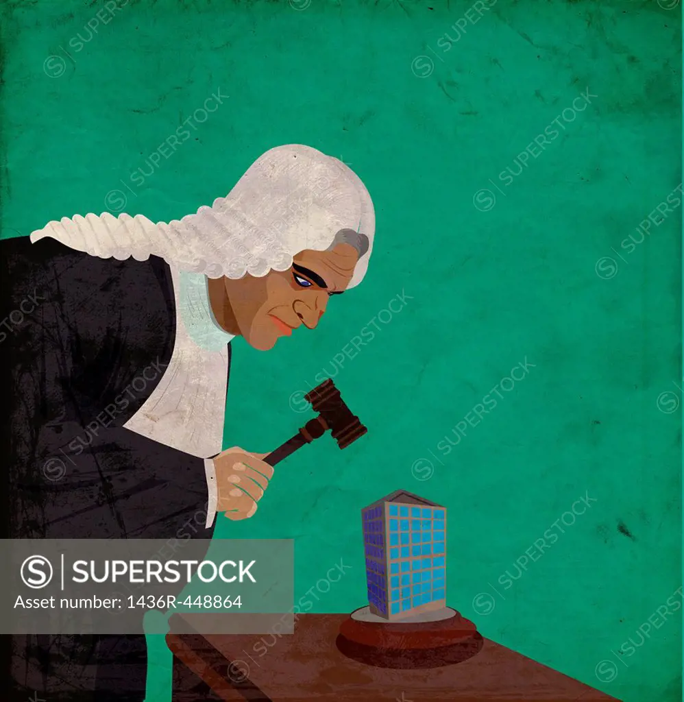 Illustration of judge with gavel auctioning building
