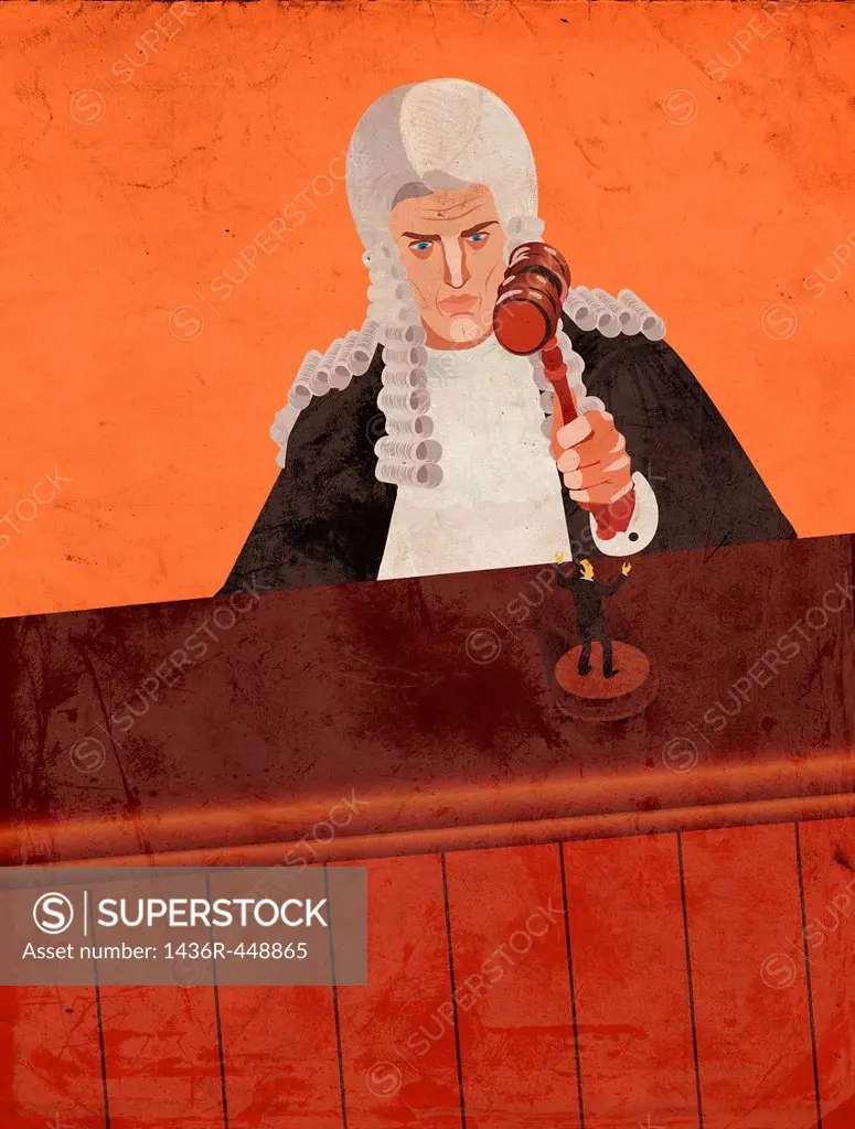 Illustration of judge with mallet hitting a guilty man