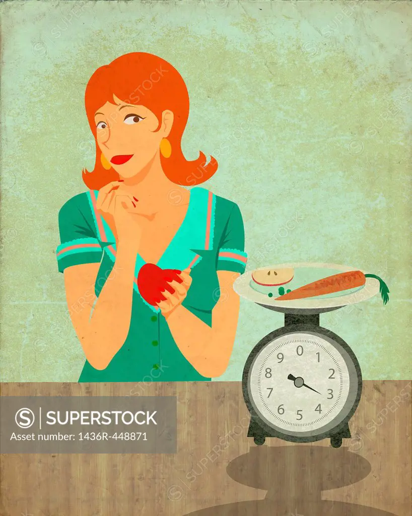 Conceptual illustration of woman holding apple while looking at kitchen scale representing dieting habits