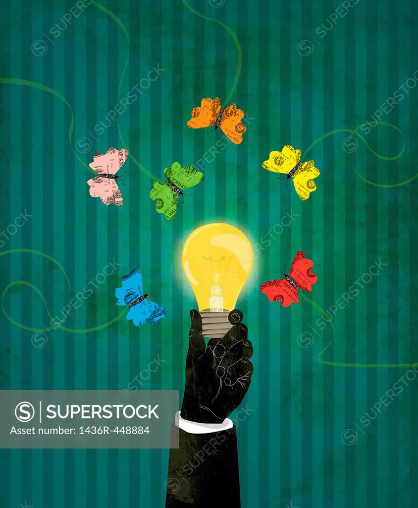 Human hand holding glowing light bulb with currency butterfly hovering around representing the concept of business attraction