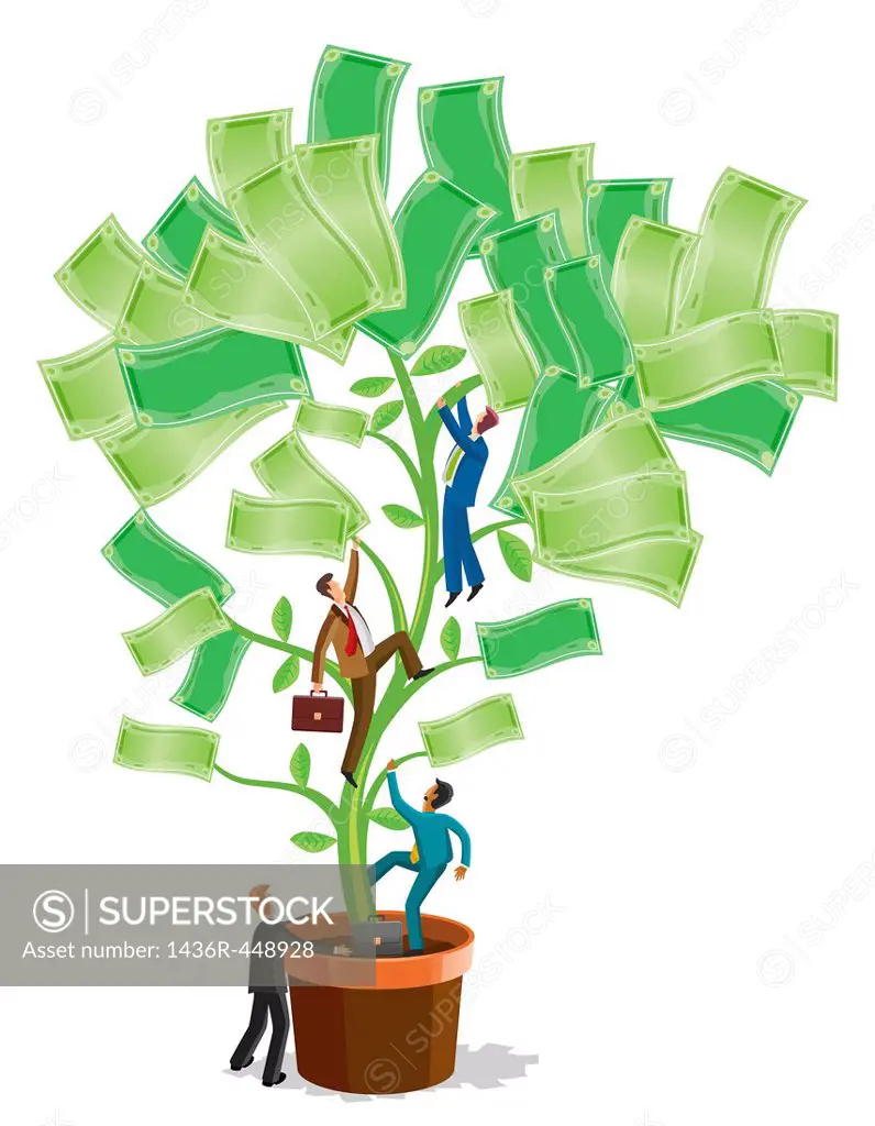 Businessmen climbing on a potted plant of currency notes over White background