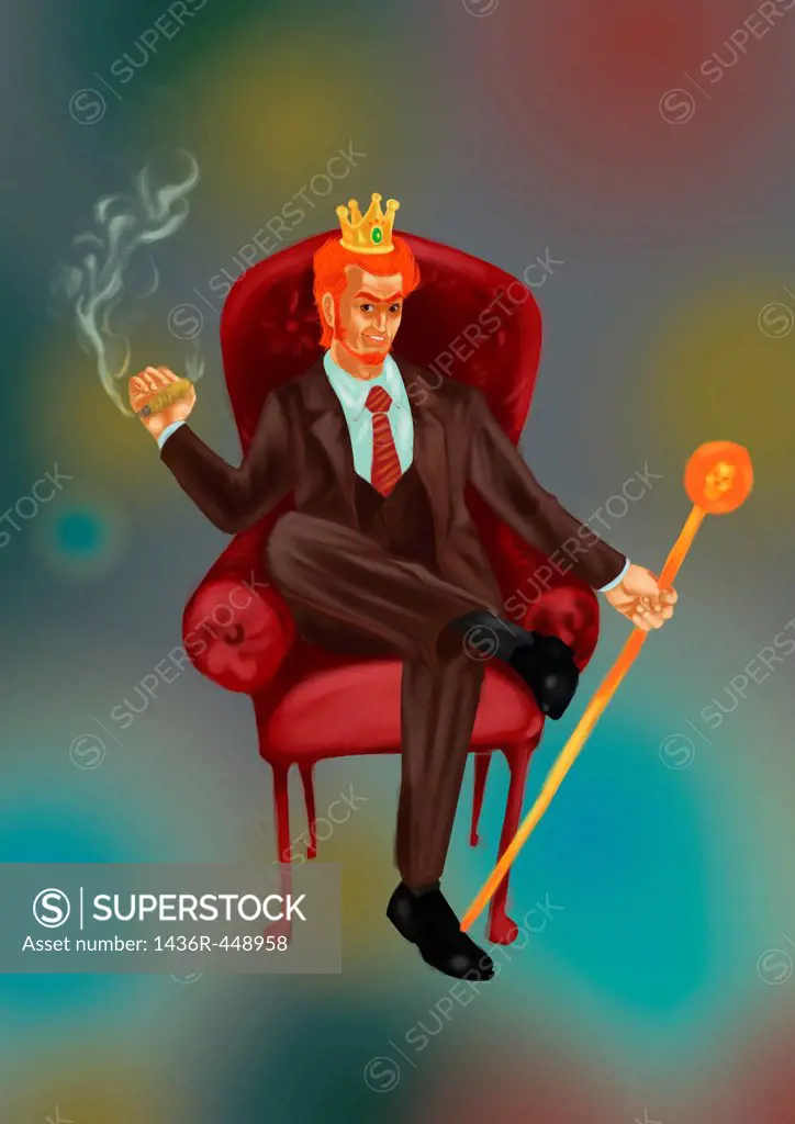 Illustrative image of businessman with stick and cigar sitting on chair representing business leader