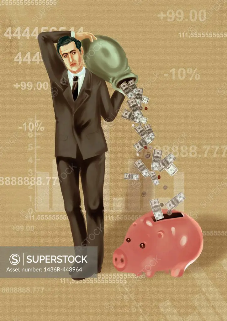 Illustrative image of businessman dropping money in piggy bank