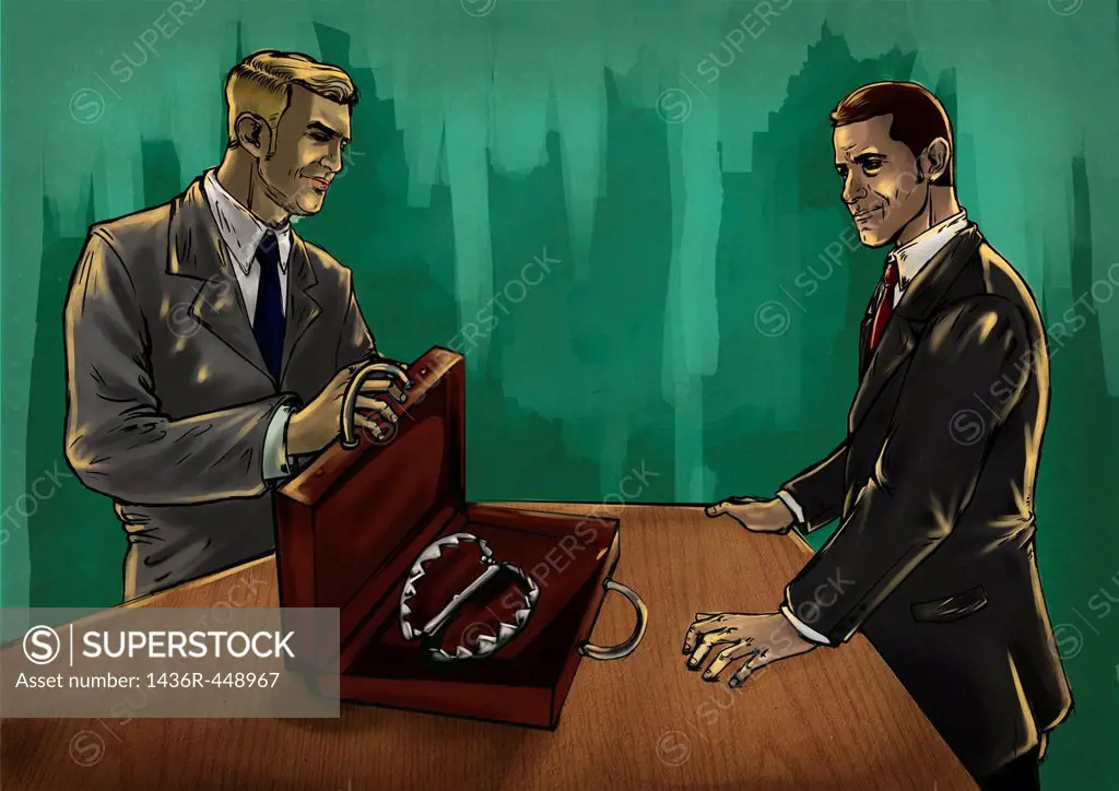 Illustrative image of businessman showing product to partner representing false advertisement