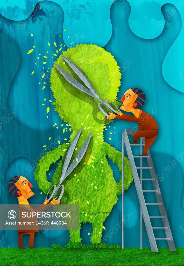 Illustrative image of businessman cutting tree representing cost cutting