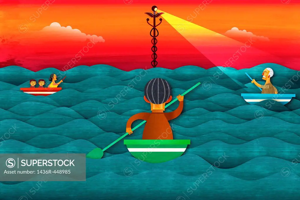 Illustrative image of people oaring in sea represents health insurance