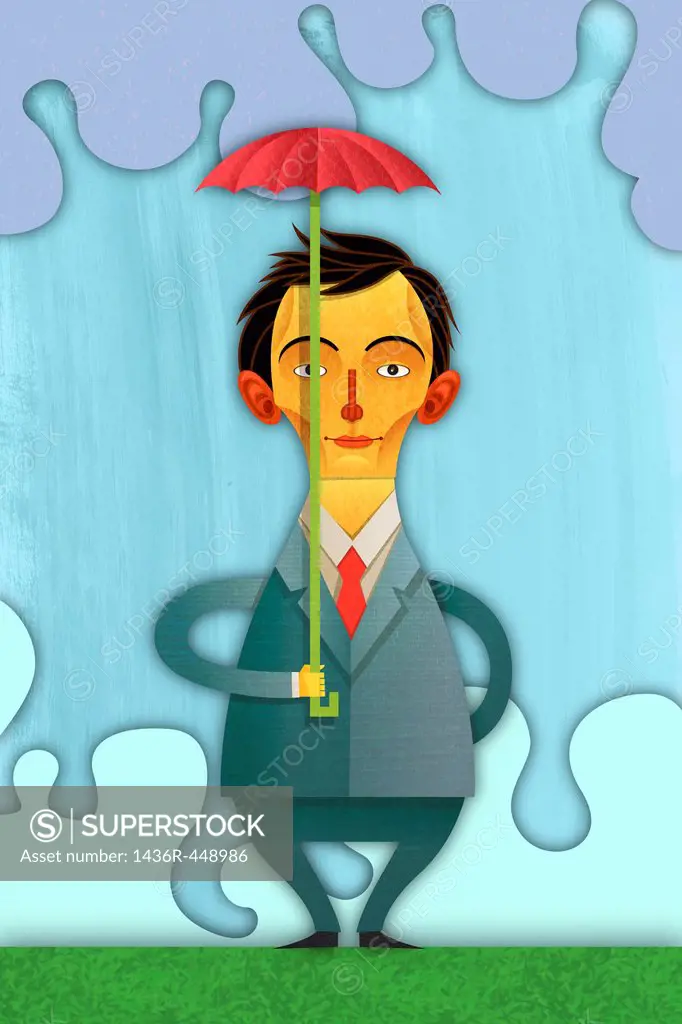 Illustrative image of businessman holding small umbrella representing inadequate insurance