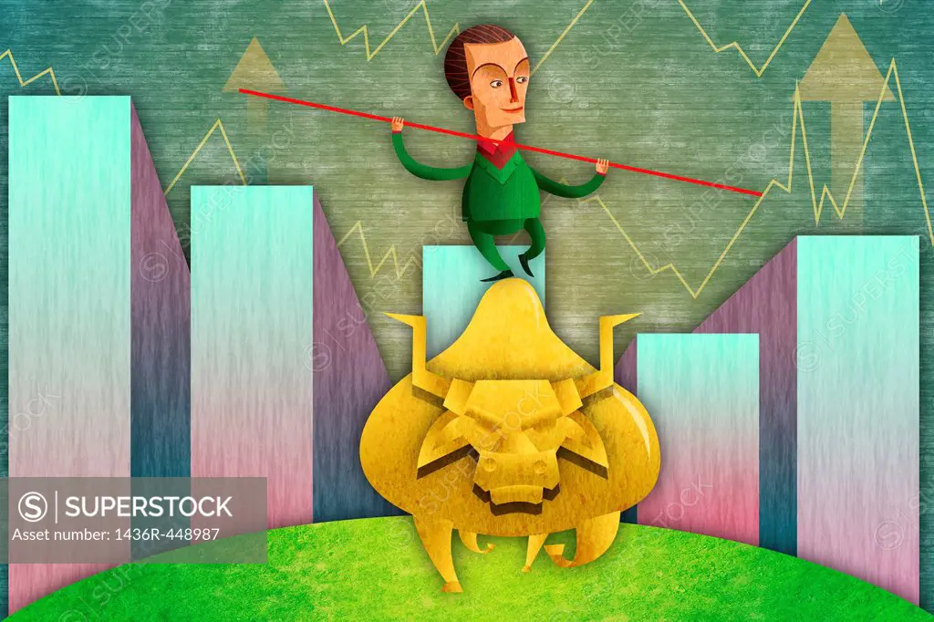 Illustrative image of businessman balancing himself on bull representing profit in bullish market