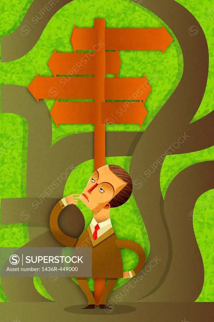 Illustrative image of confused businessman with signboards
