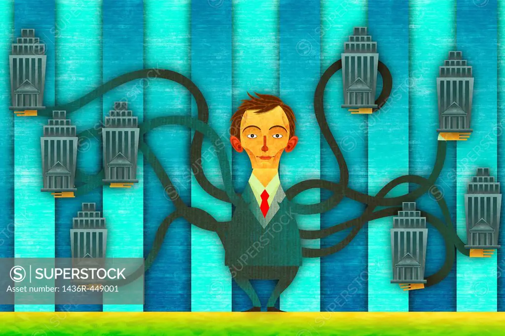 Illustrative image of businessman with many hands holding company buildings representing global business leader