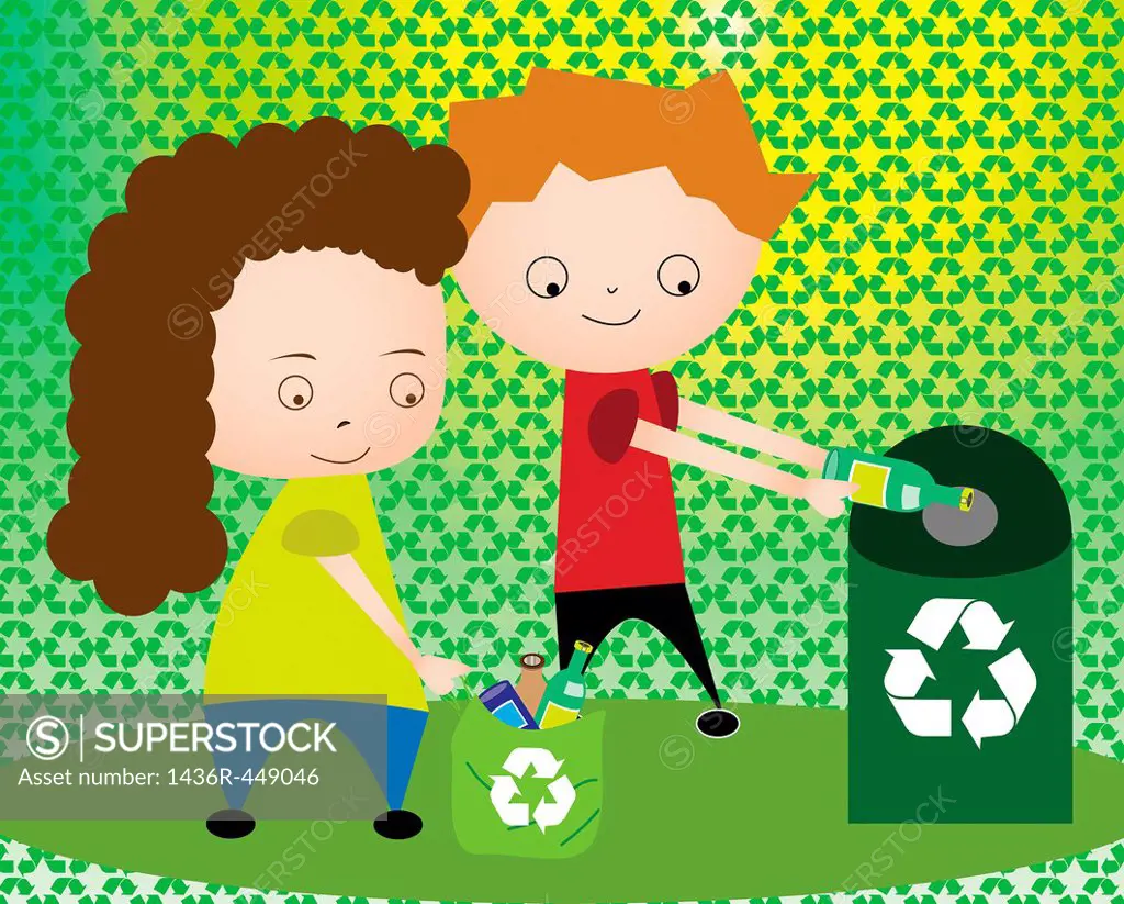 Boy and a girl throwing plastic bottles in recycling bin