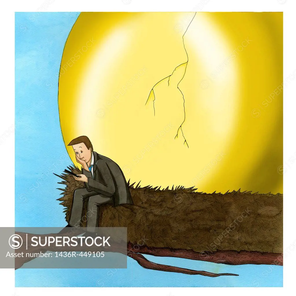Businessman sitting on a bird´s nest waiting for the golden egg to hatch
