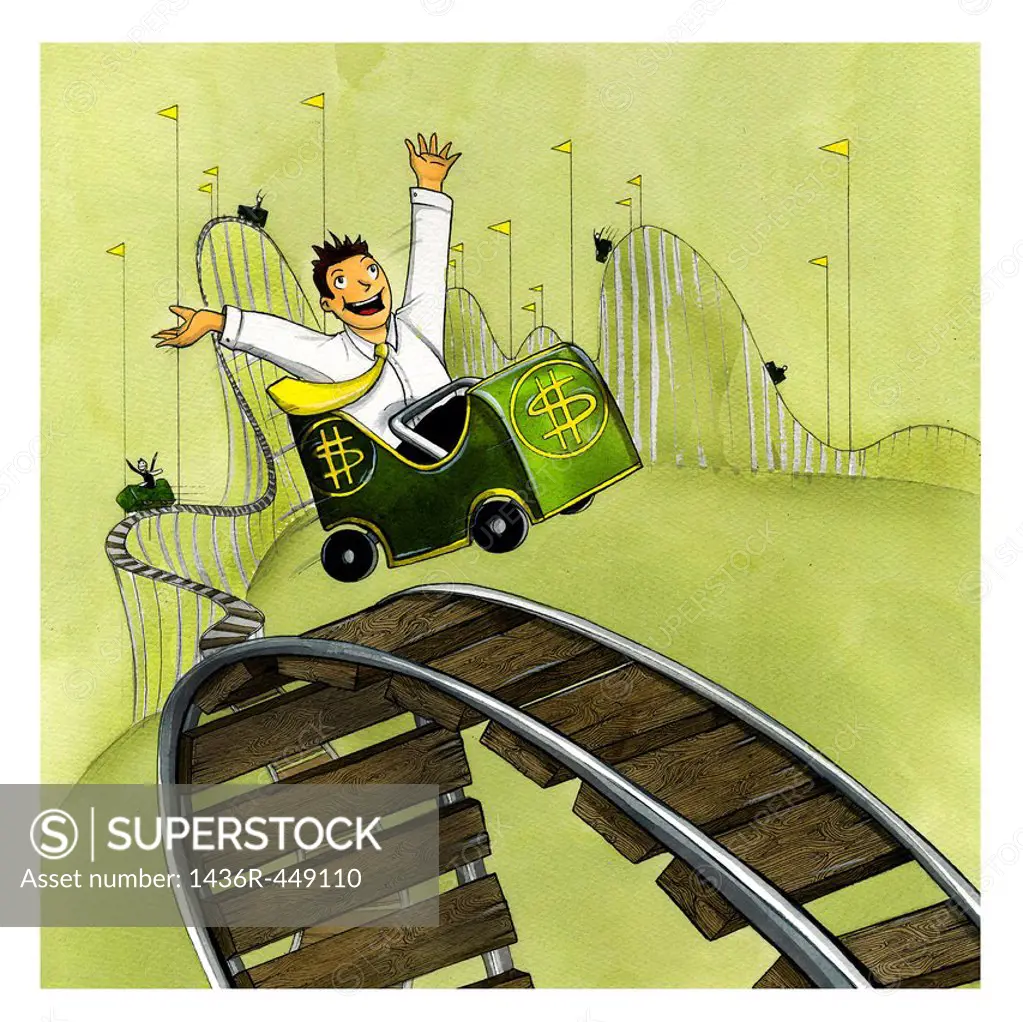 Cheerful young businessman on a rollercoaster ride with hands raised