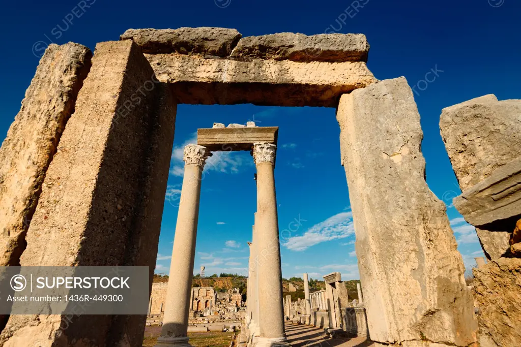 Stone door frame to the corner columns of the Agora at the Perge ruins Turkey