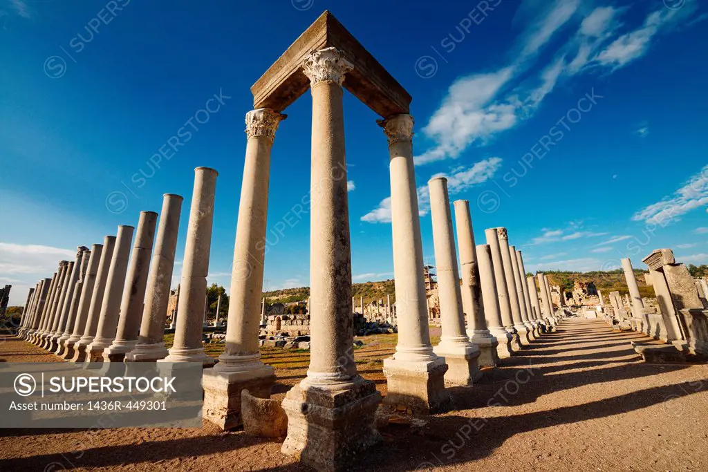 Corner pillars with lintel of Agora ruins at ancient Perge archaeological site Turkey