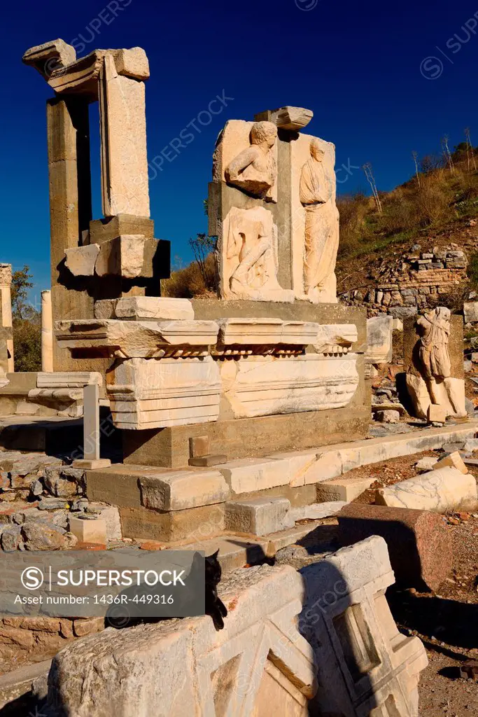 Stone relief at Memmius Monument Curetes street with feral black cat in ruins of ancient Ephesus Turkey