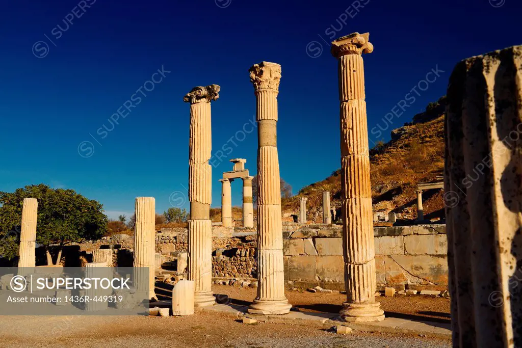 Temples of the Goddess Rome and Divine Caesar with Prytaneion at ruins of ancient Ephesus Turkey